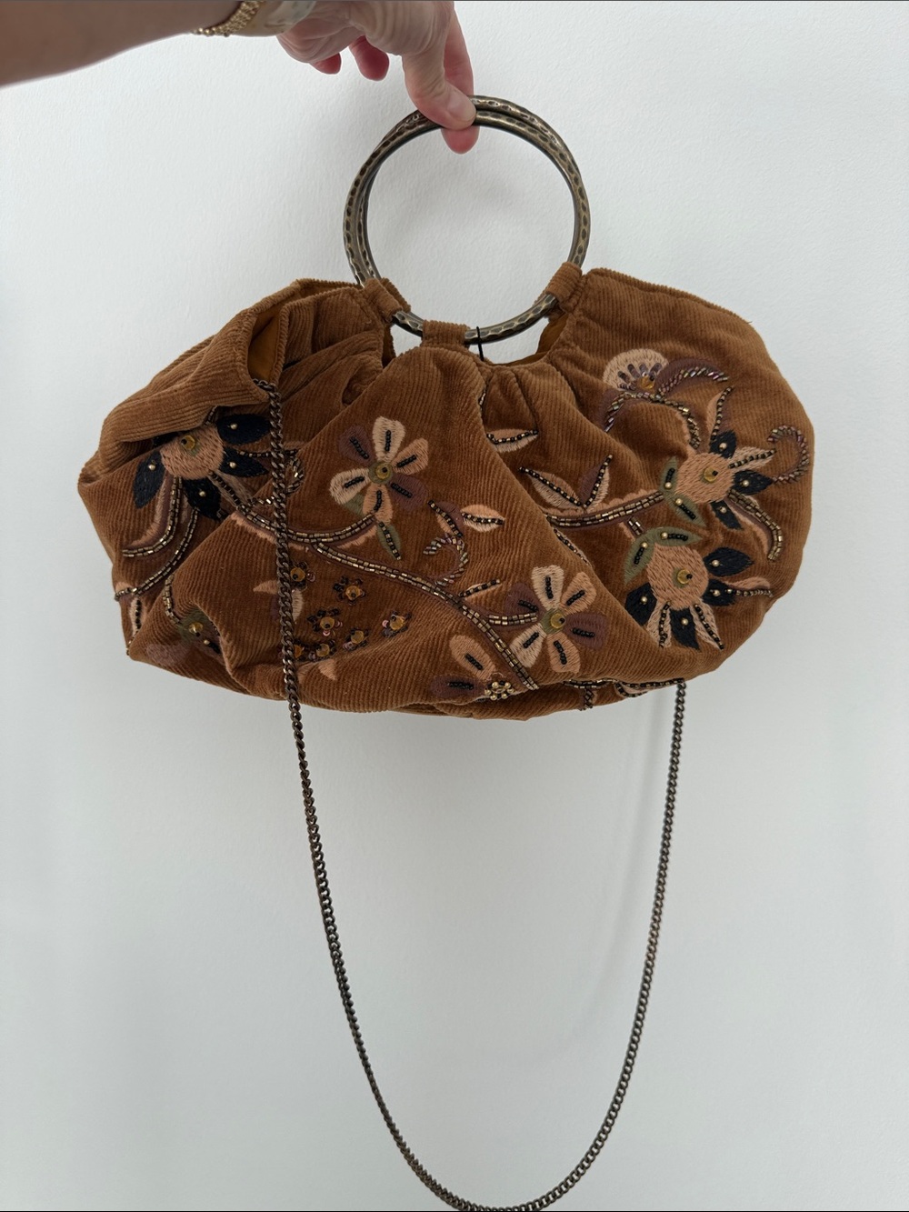 Zara Embroidered Brown Corduroy Handbag with Metal Ring Handles